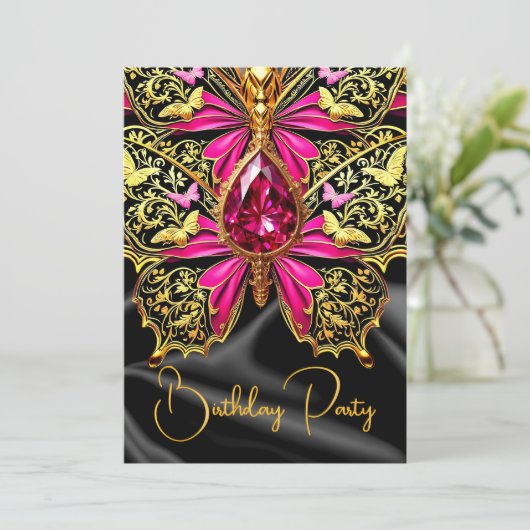 Elegante Verjaardag Hot Pink Black Gold Jewel Kaart (Staand voorkant)