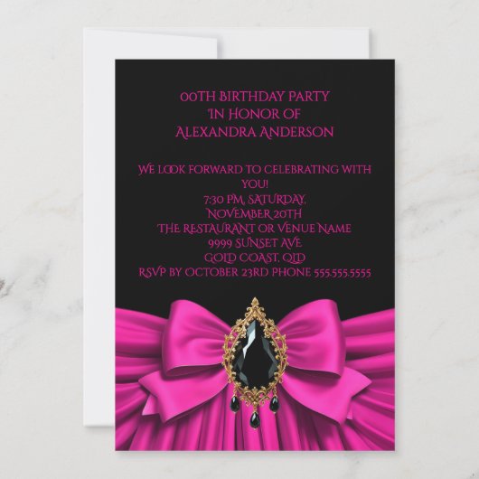 Elegante Verjaardag Hot Pink Gold Jewel Bow Black Kaart (Achterkant)