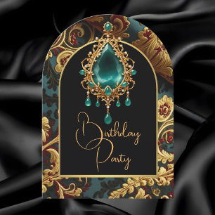 Elegante verjaardag Jade Red Gold Jewel Party Kaart