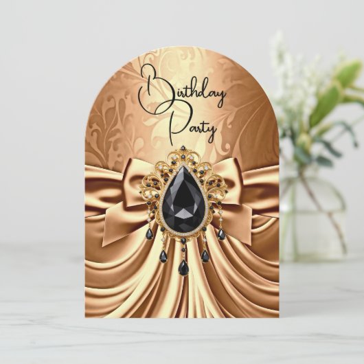 Elegante Verjaardag Koper Goud Zwart Jewel Bow Kaart (Staand voorkant)