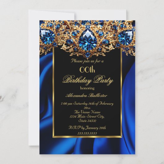 Elegante Verjaardag Party Zijde Royal blauw juweel Kaart (Voorkant)