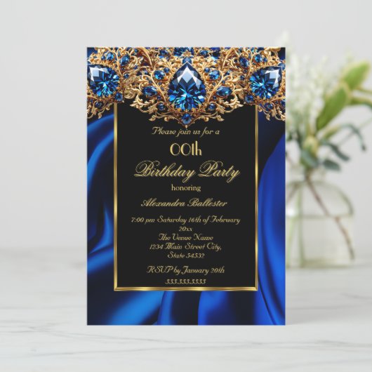 Elegante Verjaardag Party Zijde Royal blauw juweel Kaart (Staand voorkant)