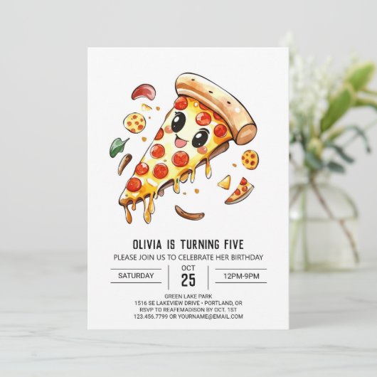 Elegante Verjaardag Pizza om te bewerken Kaart (Staand voorkant)