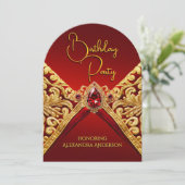 Elegante Verjaardag Regal Red Gold Jewel Fabric Kaart (Staand voorkant)