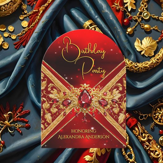 Elegante Verjaardag Rood Goud Juweel Faux Embossed Kaart