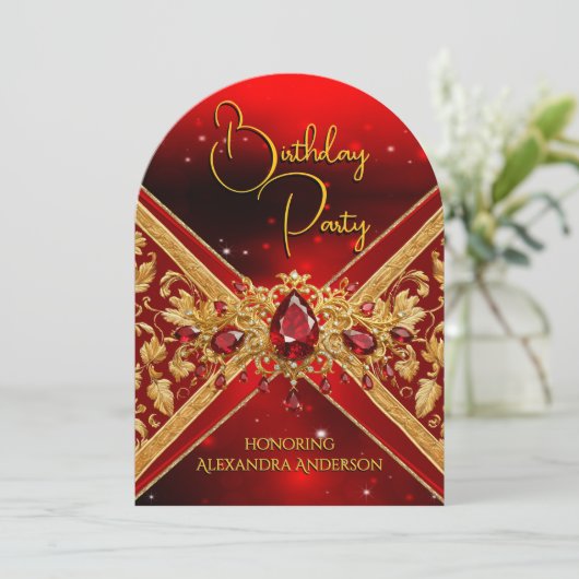 Elegante Verjaardag Rood Goud Juweel Faux Embossed Kaart (Staand voorkant)