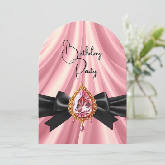 Elegante Verjaardag Roze Goud Zwart Jewel Bow Kaart (Staand voorkant)