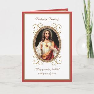 Elegante verjaardag Sacred Heart Jezus vintage kaa Kaart