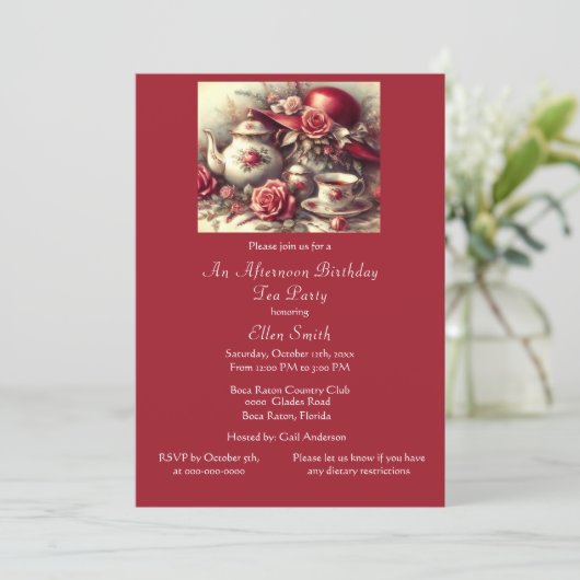 Elegante verjaardag Tea Party Red Rose Kaart (Staand voorkant)