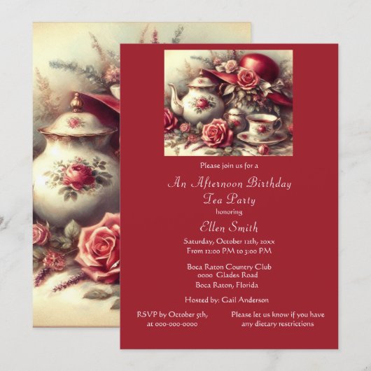 Elegante verjaardag Tea Party Red Rose Kaart (Voorkant / Achterkant)