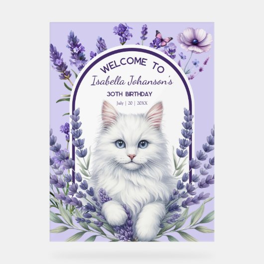 Elegante verjaardag van lavendel en kat acryl bord (Voorkant)