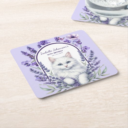 Elegante verjaardag van lavendel en kat kartonnen onderzetters (Schuin)