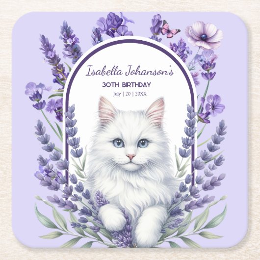 Elegante verjaardag van lavendel en kat kartonnen onderzetters (Voorkant)