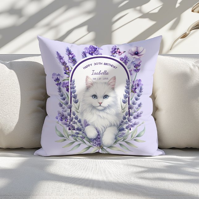 Elegante verjaardag van lavendel en kat kussen (Creator heeft geüpload)