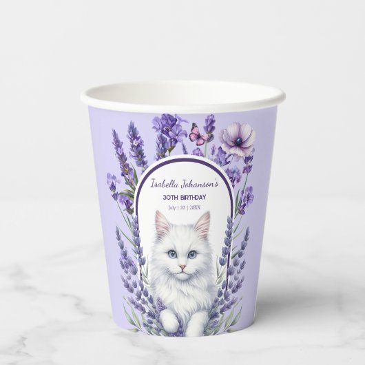 Elegante verjaardag van lavendel en kat papieren bekers (Achterkant)