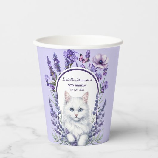Elegante verjaardag van lavendel en kat papieren bekers (Voorkant)