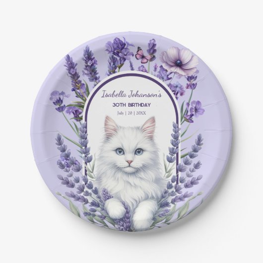 Elegante verjaardag van lavendel en kat papieren bordje (Voorkant)
