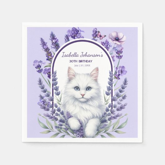 Elegante verjaardag van lavendel en kat servet (Voorkant)