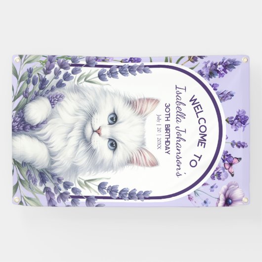 Elegante verjaardag van lavendel en kat spandoek (Horizontaal)