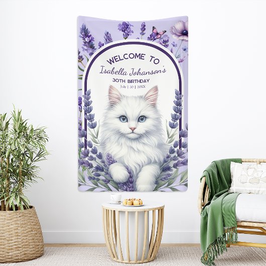 Elegante verjaardag van lavendel en kat spandoek
