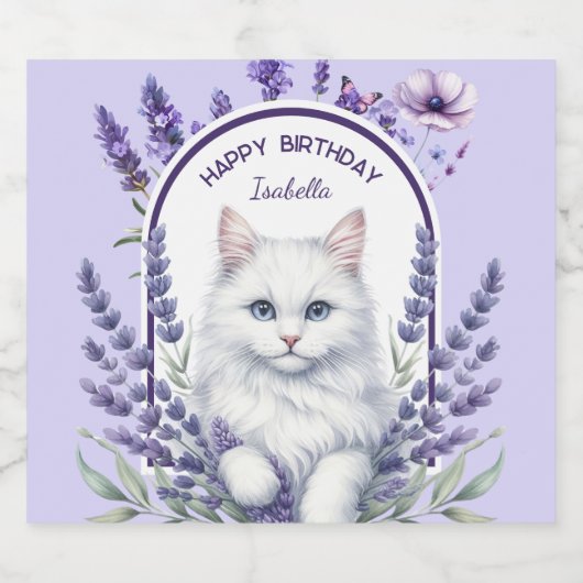 Elegante verjaardag van lavendel en kat sparkling wijnetiket (Enkel label)