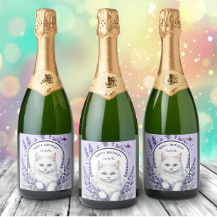 Elegante verjaardag van lavendel en kat sparkling wijnetiket