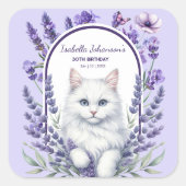 Elegante verjaardag van lavendel en kat vierkante sticker (Voorkant)