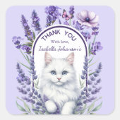 Elegante verjaardag van lavendel en kat vierkante sticker (Voorkant)