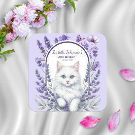Elegante verjaardag van lavendel en kat vierkante sticker