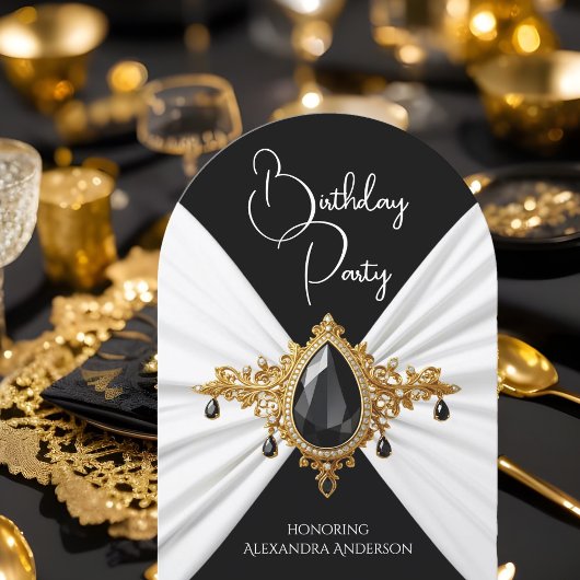 Elegante Verjaardag Wit Zwart Goud Juweel Zijde Kaart