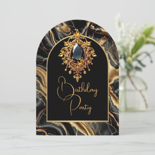 Elegante verjaardag zwart marmeren gouden juweel kaart (Staand voorkant)