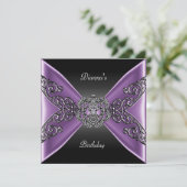 Elegante verjaardag Zwart Paars Juweel Zilver Kaart (Staand voorkant)