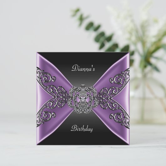 Elegante verjaardag Zwart Paars Juweel Zilver Kaart (Staand voorkant)