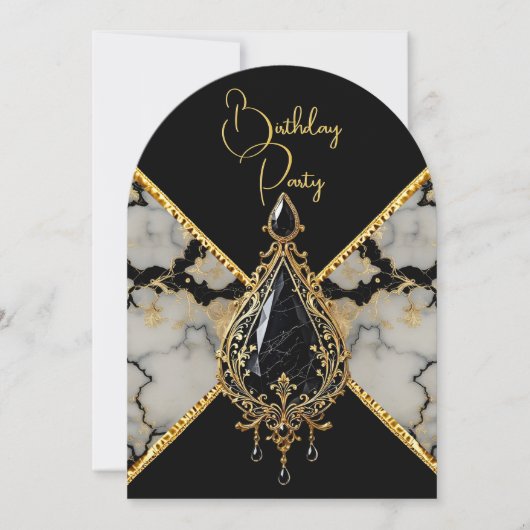 Elegante Verjaardag Zwart Wit Marmeren Gouden Juwe Kaart (Voorkant)