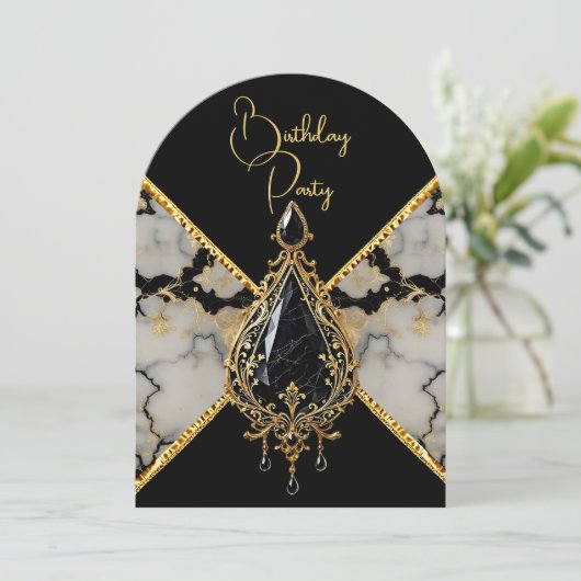 Elegante Verjaardag Zwart Wit Marmeren Gouden Juwe Kaart (Staand voorkant)