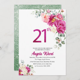 Elegante verjaardagsfeest  bloem glitters 21ste kaart