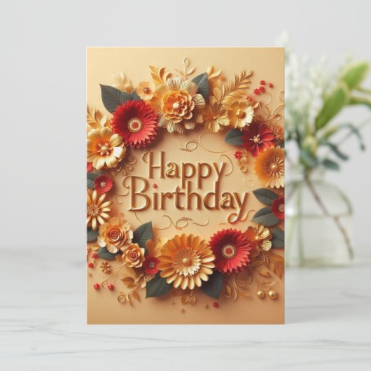 Elegante verjaardagskaart gouden en rode bloem ont kaart (Staand voorkant)