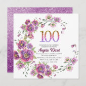 Elegante verjaardagsviering  bloem glitters 100  kaart (Voorkant / Achterkant)