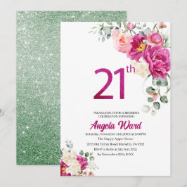 Elegante verjaardagsviering  bloem glitters 21ste kaart
