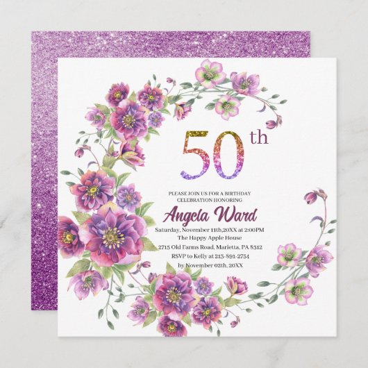 Elegante verjaardagsviering  bloem glitters 50e kaart (Voorkant / Achterkant)