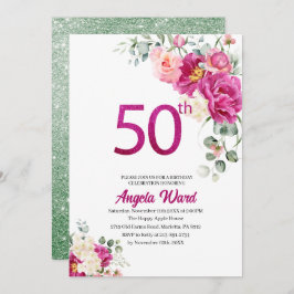 Elegante verjaardagsviering  bloem glitters 50ste kaart