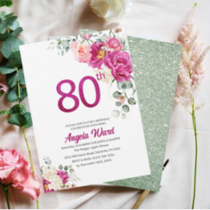 Elegante verjaardagsviering bloem glitters 80ste kaart