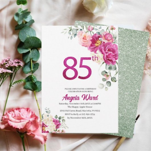 Elegante verjaardagsviering  bloem glitters 85e  kaart