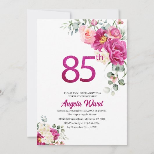 Elegante verjaardagsviering  bloem glitters 85ste  kaart (Voorkant)