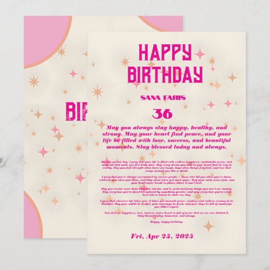 Elegante verjaardagszegening Kaart – roze en goude (Voorkant / Achterkant)