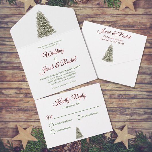 Elegante verlichte kerstboom rood & groen bruiloft all in one uitnodiging
