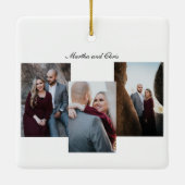 Elegante Verloving Getrouwd Script 3 Foto Collage Keramisch Ornament (Achterkant)
