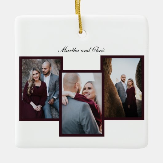 Elegante Verloving Getrouwd Script 3 Foto Collage Keramisch Ornament (Voorkant)