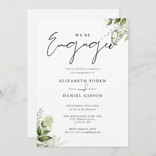 Elegante verlovingsfeest met bloemen en groen kaart (Voorkant / Achterkant)