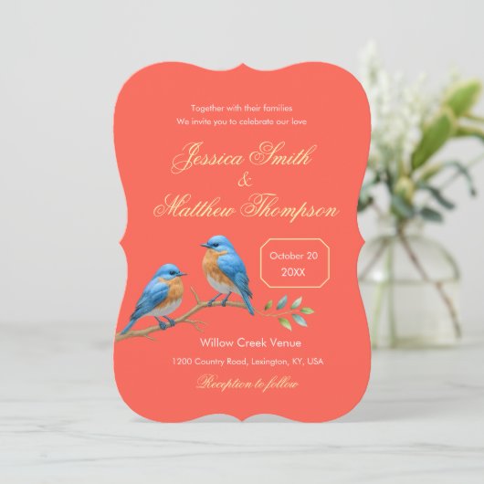 Elegante Verona Sunset Coral Bluebirds bruiloft Kaart (Staand voorkant)